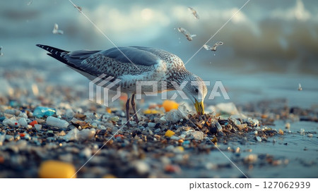 A Seagull Foraging Amidst Plastic Pollution on a Beach 127062939