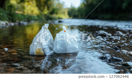 Two Plastic Bags Floating in a River 127062946