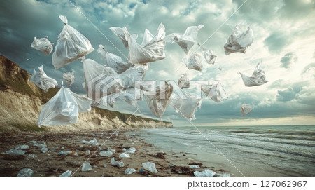 Plastic Bags Floating Over a Beach and Ocean Plastic Bags Floating Over a Beach and Ocean 127062967