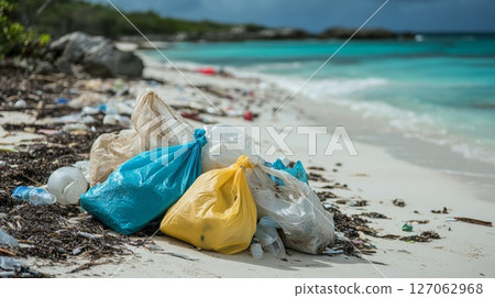 Plastic Bags and Debris Litter a Pristine Tropical Beach Plastic Bags and Debris Litter a Pristine Tropical Beach 127062968