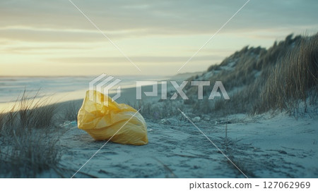 Yellow Plastic Bag on a Sandy Beach at Sunset Yellow Plastic Bag on a Sandy Beach at Sunset 127062969