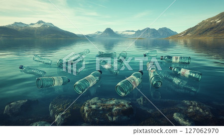 Plastic Water Bottles Floating in a Mountain Lake Plastic Water Bottles Floating in a Mountain Lake 127062970