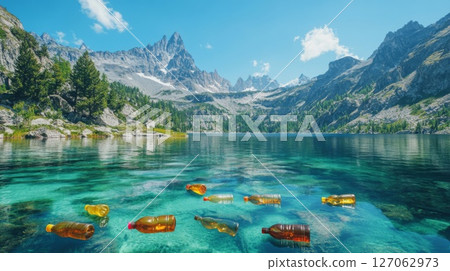 Plastic Bottles Littering a Pristine Mountain Lake 127062973
