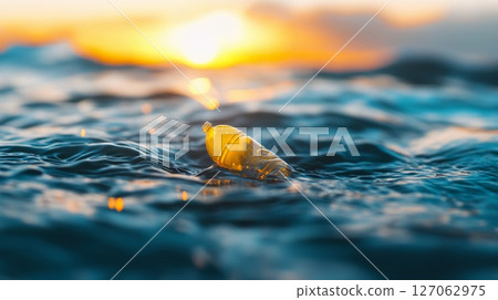 Plastic Bottle Floating in Ocean Waves at Sunset Plastic Bottle Floating in Ocean Waves at Sunset 127062975