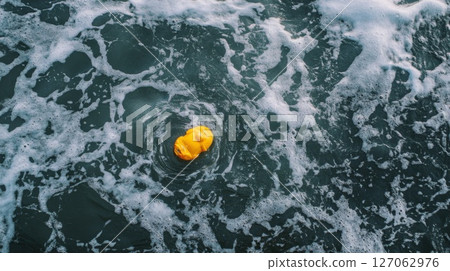 Yellow Inflatable Toy Floating in Foamy Ocean Water 127062976