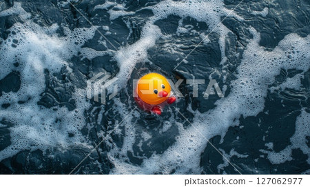 Yellow Rubber Duck Floating in Foamy Water Yellow Rubber Duck Floating in Foamy Water 127062977