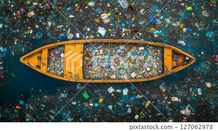 A Boat Filled with Plastic Waste Adrift in Polluted Waters A Boat Filled with Plastic Waste Adrift in Polluted Waters 127062978