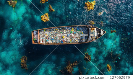 A Boat Filled with Plastic Debris Floating in a Clear Blue Ocean 127062979