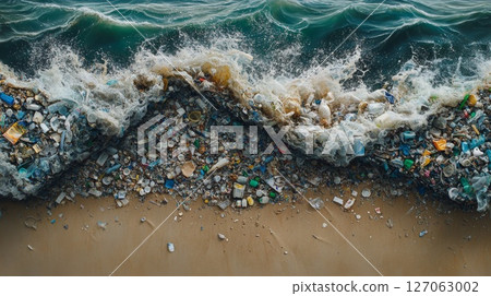 Ocean Wave Crashing onto Beach Covered in Plastic Waste 127063002