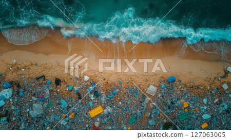 Aerial View of Plastic Pollution on a Sandy Beach 127063005