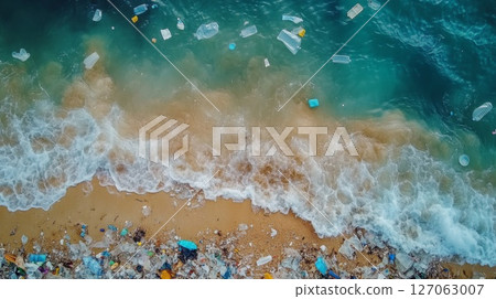 Aerial View of Plastic Pollution on a Sandy Beach and Ocean 127063007