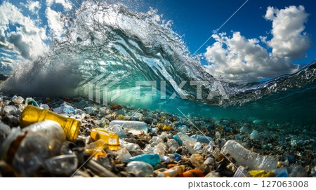 A Wave Breaks Over a Seabed Covered in Plastic Pollution 127063008