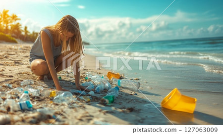 Young Woman Cleaning Up Plastic Pollution on a Beach 127063009