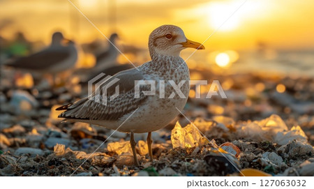 Seagull Perched on a Beach Covered in Plastic Waste During Sunset Seagull Perched on a Beach Covered in Plastic Waste During Sunset 127063032