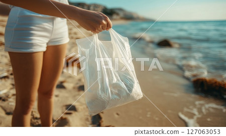 Person holding a plastic bag filled with trash on a beach Person holding a plastic bag filled with trash on a beach 127063053