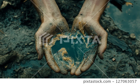 Muddy Hands Holding a Pool of Oil 127063057