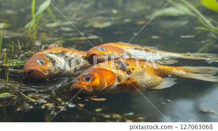 Three Dead Goldfish in Murky Pond Water 127063068