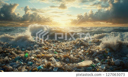 Plastic Pollution on the Beach at Sunset Plastic Pollution on the Beach at Sunset 127063073