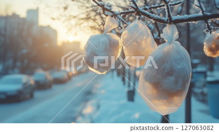Plastic bags filled with snow hanging from a tree branch in a winter city scene. 127063082
