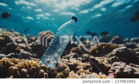 Plastic Water Bottle Discarded on a Coral Reef Plastic Water Bottle Discarded on a Coral Reef 127063092