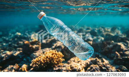 Plastic Water Bottle Floating in a Coral Reef 127063093
