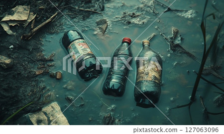 Three Glass Bottles Submerged in a Muddy Puddle 127063096