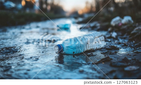 Plastic Water Bottle Pollution in a Stream Plastic Water Bottle Pollution in a Stream 127063123