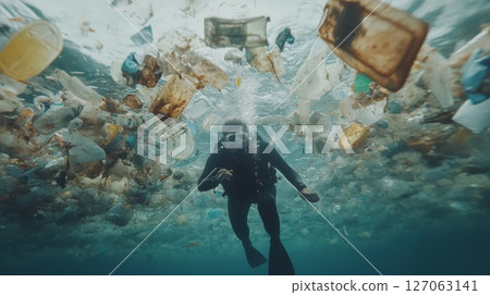 Diver Surrounded by Plastic Pollution in the Ocean 127063141