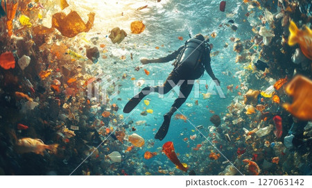 A Diver Swimming Through a Sea of Plastic Waste 127063142