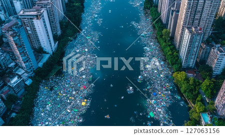 Aerial View of a River Severely Polluted with Plastic Waste Between Tall Buildings 127063156