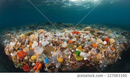 Coral Reef Overwhelmed by Plastic Pollution 127063160