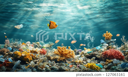 Underwater Coral Reef Covered in Plastic Waste and Fish Underwater Coral Reef Covered in Plastic Waste and Fish 127063161