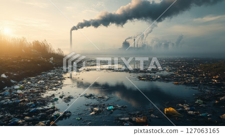 Industrial Pollution and Plastic Waste Drowning a River at Sunrise 127063165