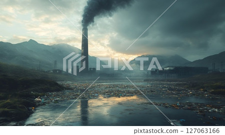 Industrial Pollution and a River Choked with Trash Industrial Pollution and a River Choked with Trash 127063166