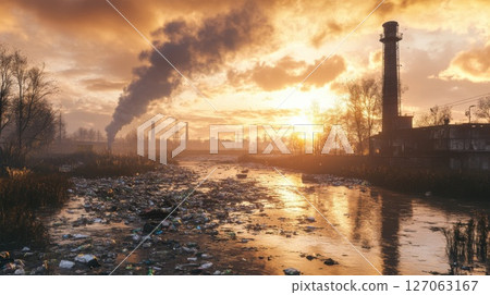 Industrial Pollution at Sunset with a River of Garbage 127063167