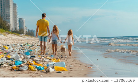 Family Walking on a Beach Covered in Plastic Debris 127063169