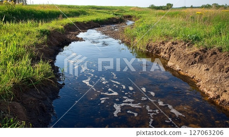 A Small Stream With Foamy Water Flowing Through Grassy Banks A Small Stream With Foamy Water Flowing Through Grassy Banks 127063206