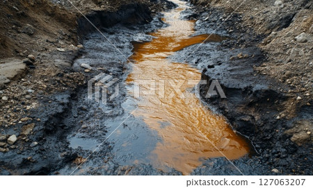A Stream of Orange-Colored Water Flows Through a Ditch in the Earth A Stream of Orange-Colored Water Flows Through a Ditch in the Earth 127063207