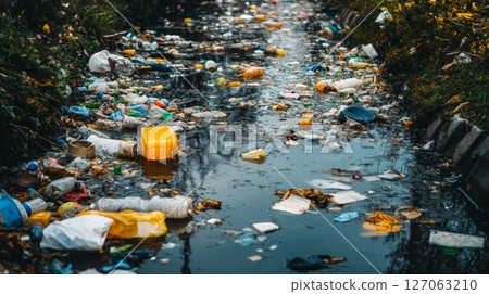 A Stream Choked With Plastic Waste and Debris A Stream Choked With Plastic Waste and Debris 127063210