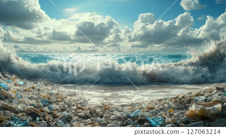Ocean Wave Crashing onto a Beach Filled with Plastic Debris Ocean Wave Crashing onto a Beach Filled with Plastic Debris 127063214