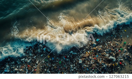 Ocean Wave Crashing on a Beach Polluted with Plastic Waste Ocean Wave Crashing on a Beach Polluted with Plastic Waste 127063215