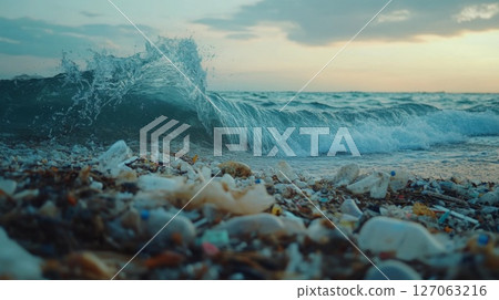A Wave Crashing on a Beach Covered in Plastic Pollution A Wave Crashing on a Beach Covered in Plastic Pollution 127063216