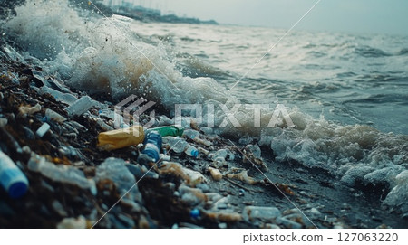 Ocean Wave Crashing on Shore Covered in Plastic Waste 127063220