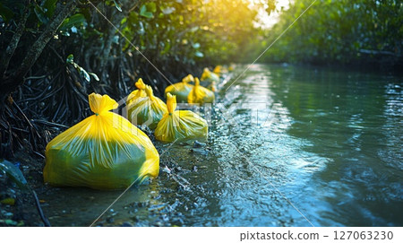 Yellow Plastic Bags Littering a Mangrove Riverbank 127063230