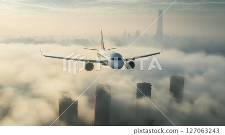 Airplane Soaring Above a Foggy Cityscape Airplane Soaring Above a Foggy Cityscape 127063243
