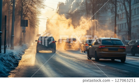 Cars Driving Through Dense Fog on a City Street 127063251