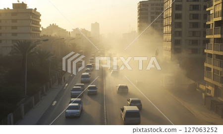 Cars Driving Through Dust and Fog on a City Street Cars Driving Through Dust and Fog on a City Street 127063252