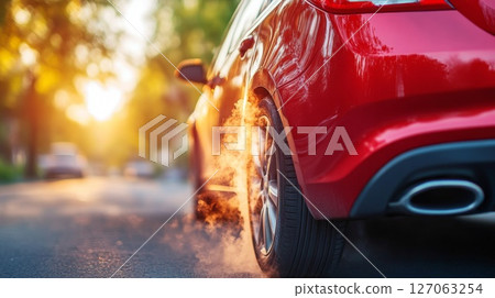 Red Car Exhaust Smoke On A Sunny Day Red Car Exhaust Smoke On A Sunny Day 127063254
