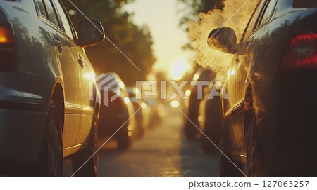 Cars Parked on a Street During Sunset with Smoke Emitting from One 127063257