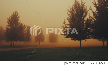 Silhouetted Trees in a Misty Dawn Landscape Silhouetted Trees in a Misty Dawn Landscape 127063271